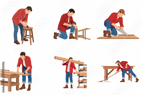 Bild auf Leinwand Set of flat vector illustrations of male carpenter character working on woodworking projects, sawing, hammering, sanding, and measuring in workshop