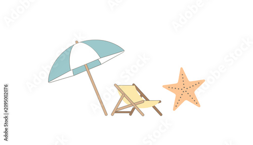 Relaxing coastal set containing a blue beach umbrella, a wooden folding lounge chair, and a sandy starfish.