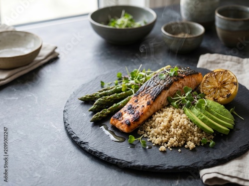protein healthy meal with grilled salmon