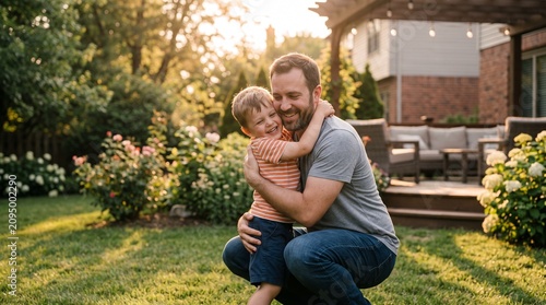 A father and son embracing in a backyard garden during golden hour.