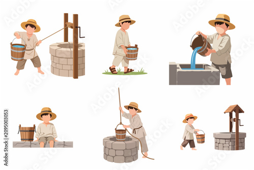 Obraz na płótnie Set of flat vector illustrations depicting a boy in rustic clothes fetching water from a traditional stone well with a wooden bucket