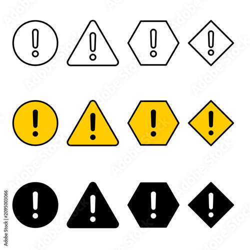 Caution alarm set, danger sign collection, attention vector icon, yellow,and black ,ediatable stroke and fill circular,triangular,hexagonal,square set