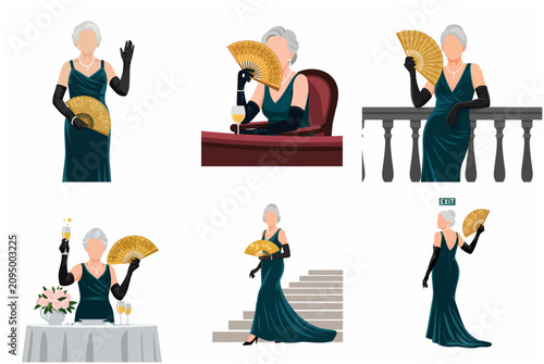 Elegant Senior Woman in Formal Green Evening Gown Set, Sophisticated Mature Lady with Gold Fan in Various Luxury Gala and Opera Poses