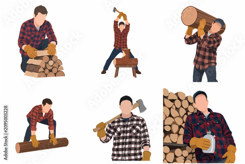 Set of lumberjack characters cutting, stacking, and carrying wood logs in flat vector illustration style