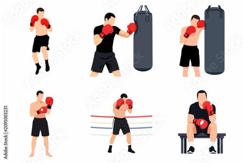 Professional Boxer Training Set with Various Poses and Actions such as Punching Bag and Boxing Ring