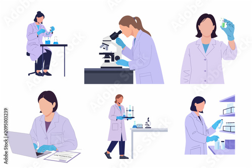 Set of Female Scientists Working in Laboratory. Vector Illustration for Medical and Science Research Concepts.
