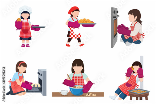 Set of Vector Illustrations of a Little Girl Baking Cookies, Using an Oven, and Mixing Dough