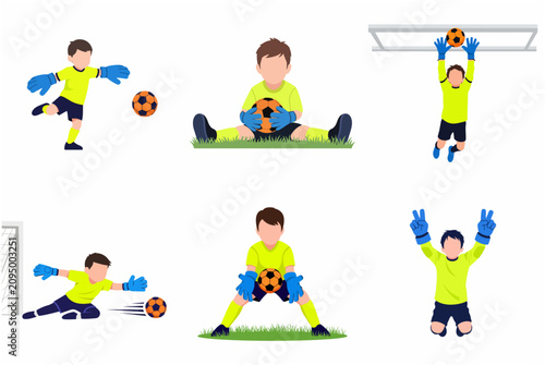 Set of young boy soccer goalkeeper vector illustrations in various action poses like diving, jumping, catching the ball, and celebrating on a white background.