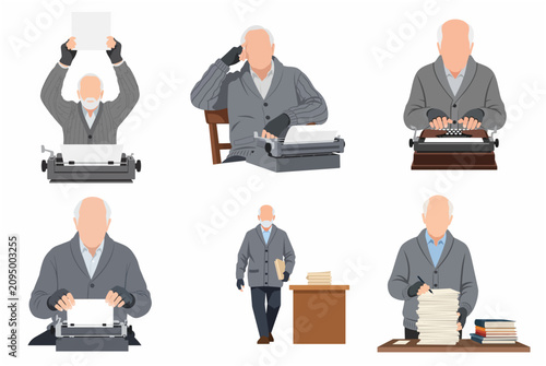 Elderly Writer Character Set with Vintage Typewriter and Writing Poses