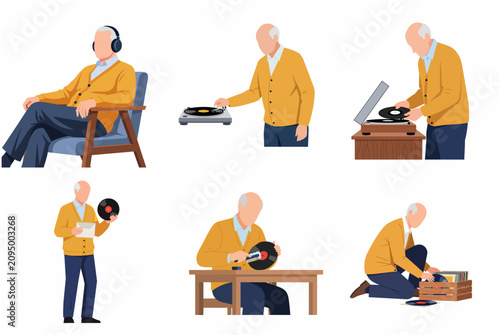 Senior Man Enjoying Vinyl Records Collection and Music Flat Illustration Set