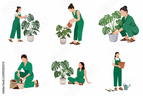Set of flat illustrations featuring women caring for monstera houseplants, including watering, cleaning leaves, and repotting, ideal for urban jungle and home gardening themes.