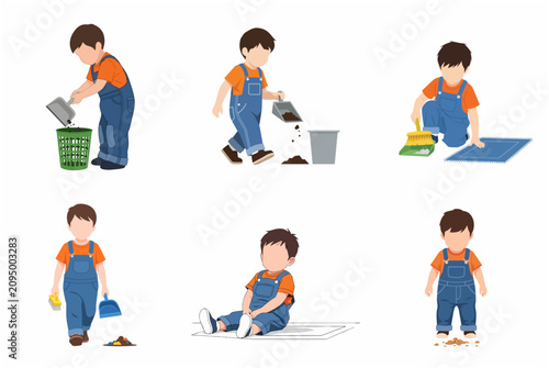 Set of Cute Little Boy Character Doing Various Household Chores and Cleaning Illustration