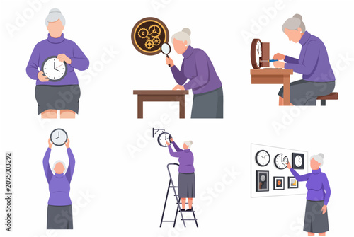 Senior woman clockmaker character set repairing and adjusting various wall clocks