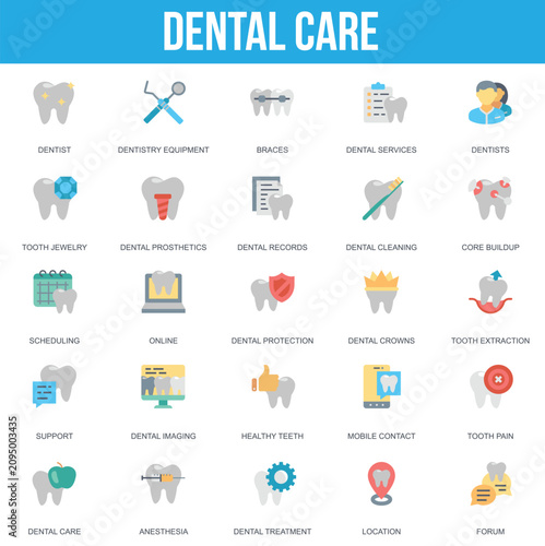 Collection of dental care and oral hygiene flat vector icons with dentistry