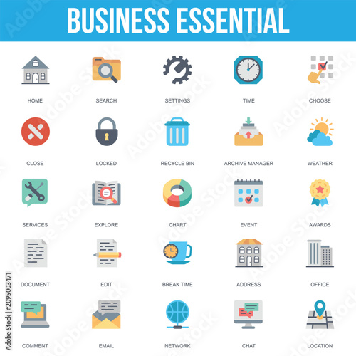 Set of 25 essential business and office productivity flat vector icons