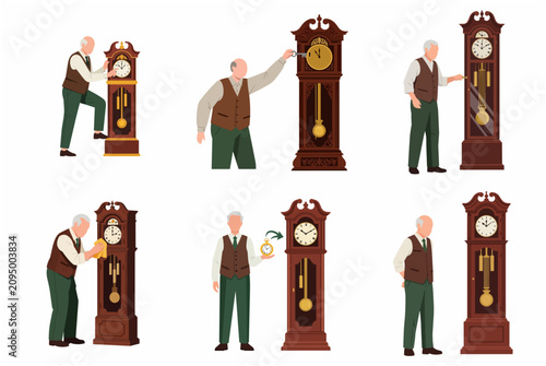 Senior Man Maintenance Antique Grandfather Clock Flat Vector Illustration Set