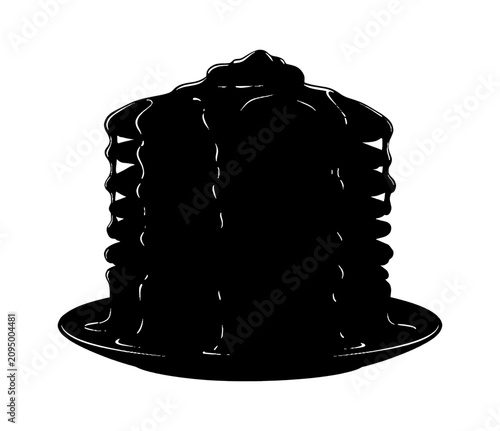 Black silhouette of a stack of pancakes with syrup on a plate isolated on transparent background, Vector