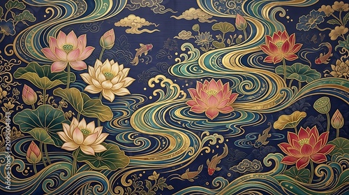 Elegant Lotus Flowers and Flowing Water Patterns in Traditional Oriental Style Wallpaper Design
