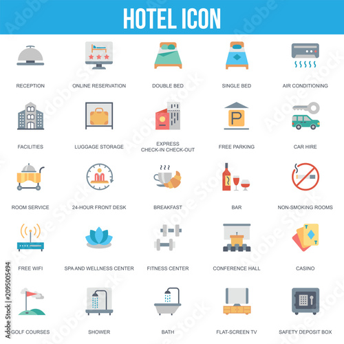 Hotel and hospitality management flat icon set for tourism and accommodation
