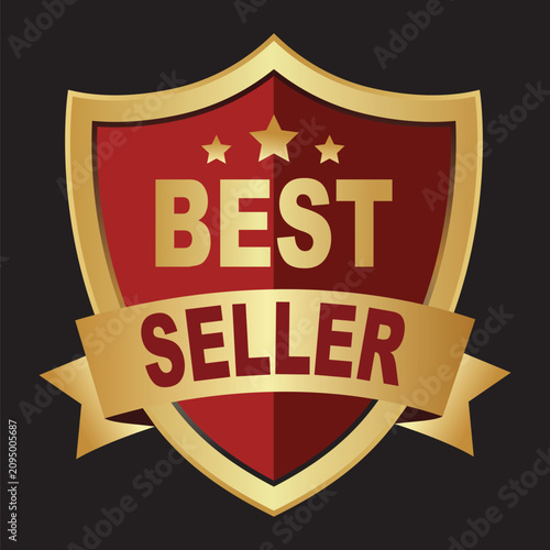 Photos Golden best seller badge with red shield and ribbon