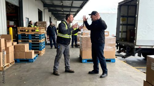 Two warehouse workers having an intense disagreement at a loading dock. Men arguing during shipment of goods. Conflict at workplace, stressful delivery process and logistics management.