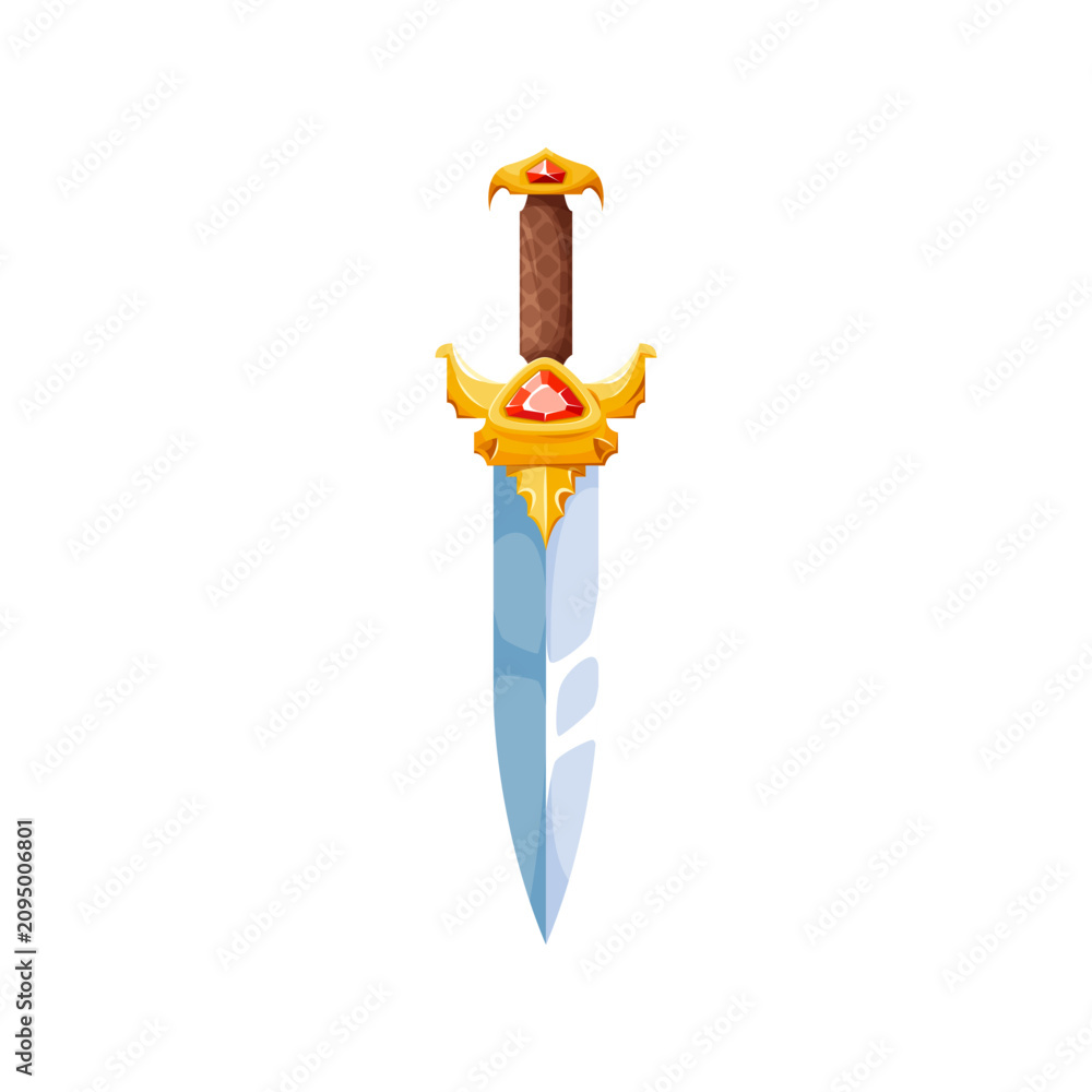 Fototapeta premium Fantasy sword with magic gemstones isolated cartoon stiletto magic sword icon. Vector fantasy stylet, magical military dagger gold handle. Sword mystic armed knife weapon with precious stones