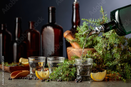 Gin is poured from a vintage bottle into a glass.