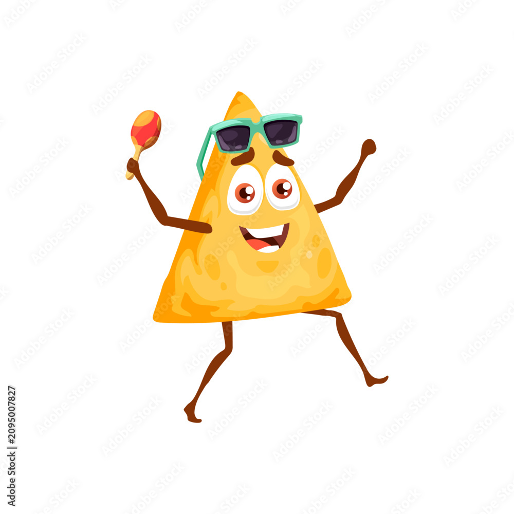 Fototapeta premium Mexican happy cartoon funny food nachos in glasses dancing with maracas isolated character fastfood snack. Vector tasty comic character mascot, traditional smiling tortilla, fastfood nachos emoticon