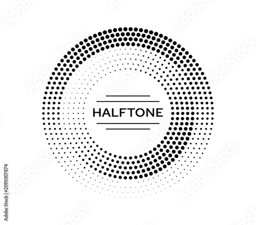 Circle half tone banner dots pattern design element. Halftone pattern circular border, dot texture round background. Half tone circle design element or comic gradient ring vector frame