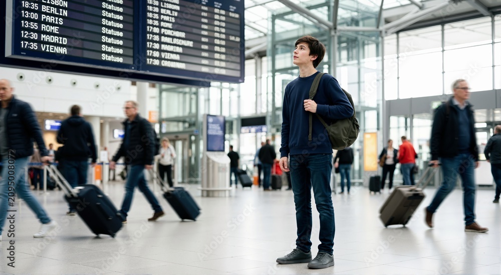 Fototapeta premium Teenage boy looking at a flight departure board in an airport. Young male traveler with a backpack waiting in a terminal