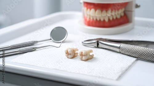 Dental extraction setup extracted molars tools and dental model