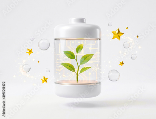 3D smart eco battery icon with transparent glass, growing green plant and golden microcircuitry for sustainable energy storage, renewable power cell claymorphism isolated on white background