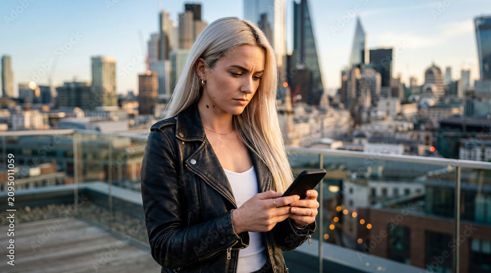 Fototapeta premium Woman using smartphone on rooftop with city skyline background for urban lifestyle and digital connectivity concepts
