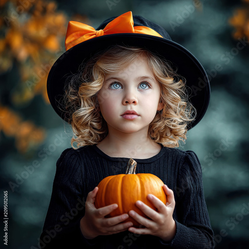 Portrait of a little girl with curly blonde hair wearing black witch hat with orange bow holding small pumpkin