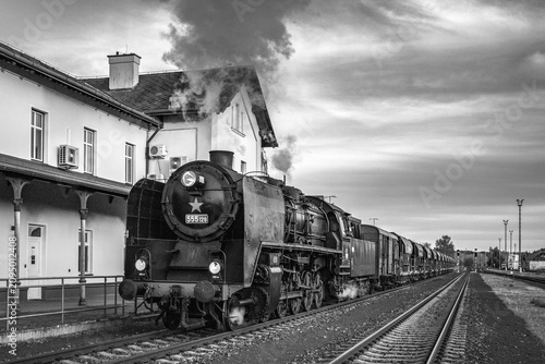 A German wartime steam locomotive arrived at the station with a freight train.