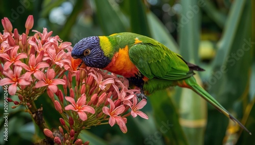 Bright Parrot Interacts With Orange Flowers in a Garden During Daytime