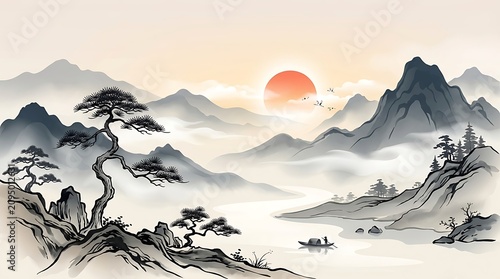 Misty Mountain Serenity Traditional Asian ink wash painting depicting a tranquil landscape with a radiant sunrise, ancient pine trees, and a calm river scene