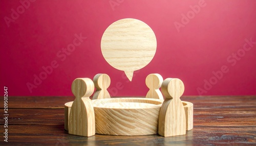 Wooden Peg Figures Gathered Around Round Table with Speech Bubble Communication Concept

