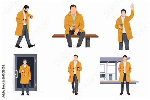 Obraz na plátně Flat vector illustration set of a businessman in a yellow trench coat in various