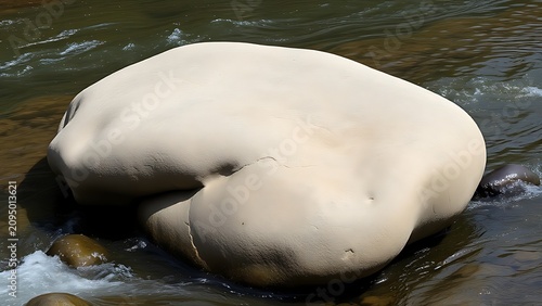 A smooth, curved rock shaped by a flowing stream on a riverbank.