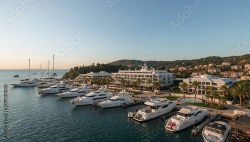 Yachts Docked at a Marina With a Hotel and Palm Trees in the Background Durin...