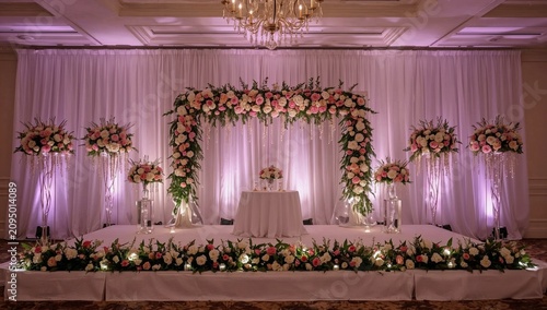 Wedding Ceremony Setup With Floral Decorations and Lighting in a Formal Venue