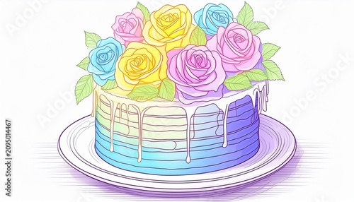 cake with pink, yellow and blue roses