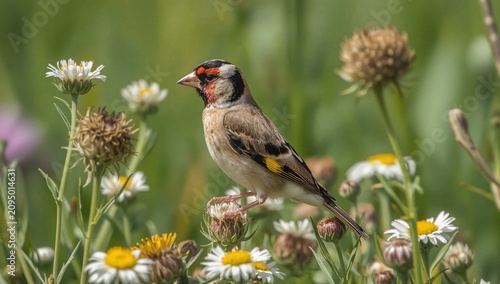 Bird Stands on a Flower Among Green Grass During Daytime in a Natural Field