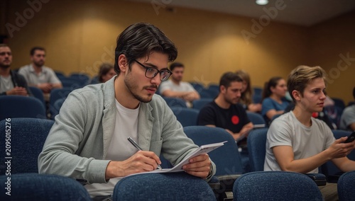 Students Take Notes During a Lecture in a Classroom Setting at a University i...