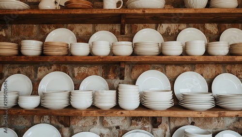 Collection of Ceramic Plates and Bowls Arranged on Wooden Shelves in a Kitchen