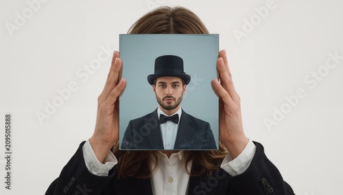 Person Holds a Picture of a Man in Formal Wear With a Top Hat in Front of The...