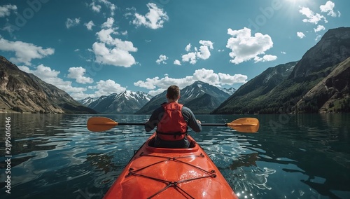 Paddling a Kayak in a Mountain Lake Under a Bright Sky With Clouds and Sun