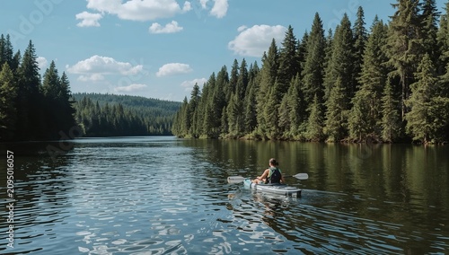 Kayaker Navigates a Calm River Surrounded by Tall Trees in Mid-Afternoon Light