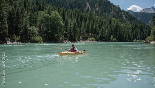 Kayaking on a Clear River Surrounded by Mountains and Trees During the Day